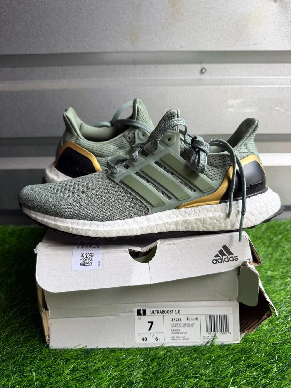 adidas Ultraboost 1.0 Sage Green with Gold Trim Sneakers